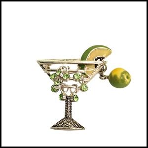 Martini Brooch Cocktail‎ Pin with Lime and Green Rhinestones Fun Jewelry